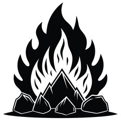 A black and white drawing of a fire with a pile of rocks vector on white background