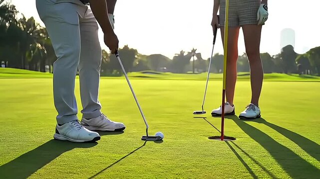 footage capturing a focused low-angle shot of a golfer in light-colored pants and white golf shoes, lining up a putt on a vibrant green putting green.