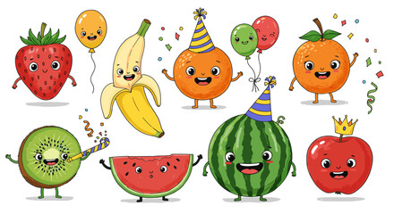 Cute fruit characters celebration vector illustration for party invites and kids designs