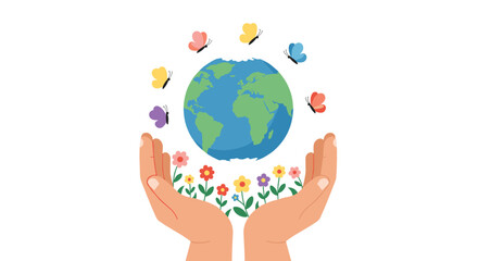 Earth day celebration vector illustration with hands, butterflies, and flowers for eco-friendly designs