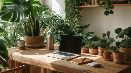 Laptop computer on a wooden desk surrounded by various houseplants in pots.  Sunlight streams through a window.