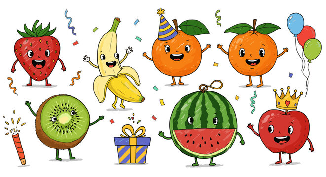 Festive fruits with smiles and party fun vector illustration - perfect for celebration designs and kids decor