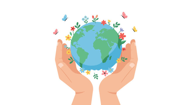 Earth day celebration vector illustration of hands holding the planet with flowers and butterflies - Powered by Adobe