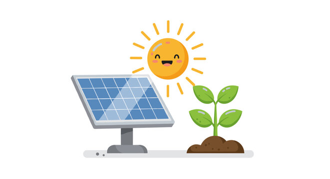 Renewable energy and sustainability concept vector illustration with solar panel and growing plant