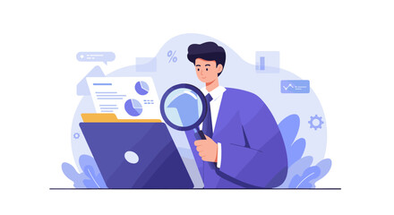 Business analysis with magnifying glass and laptop vector illustration - flat style for design and marketing concepts