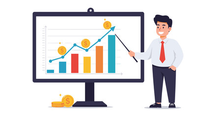 Business growth chart presentation with rising profits in flat vector illustration for financial design