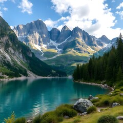 Fototapeta premium It offers beautiful natural scenery, including a tranquil lake surrounded by majestic mountains.