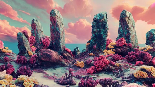 A colorful landscape with rocks and corals in the fore
