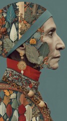 Elderly woman adorned with autumn leaves and traditional attire, showcasing a surreal portrait that celebrates the beauty of aging and nature