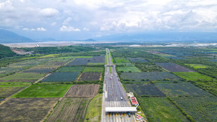 aerial drone view at roads. Horizon 
