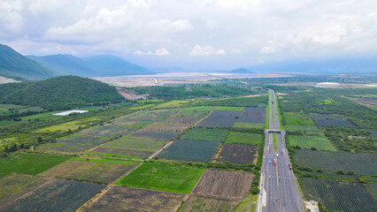 aerial drone view at roads. Horizon 