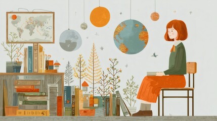 Young student is reading a book in a cozy room decorated with earth and moon globes, a world map, bookshelves, potted plants, and miniature trees, creating a whimsical and educational atmosphere