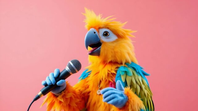 Parrot singer. Dressed in colorful feathers, holding microphone, against pink