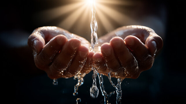Hands Holding a Gift of Water: Cupped hands catching pure, clear water from a divine light source, symbolizing life, purity, and conservation.