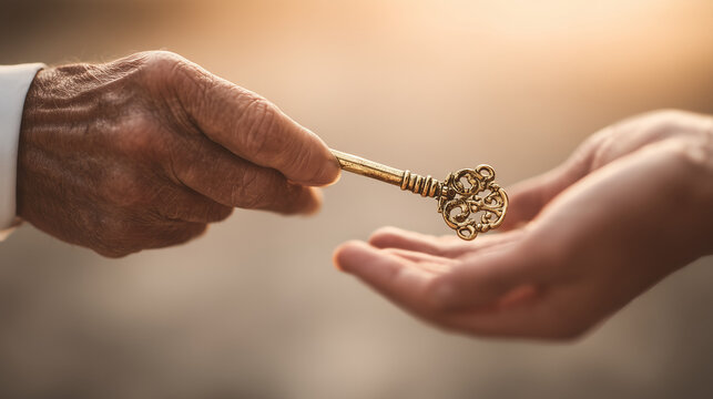 Passing on the Key to Success: An older person's hand giving an ornate key to a younger person, symbolizing legacy, inheritance, or mentorship.