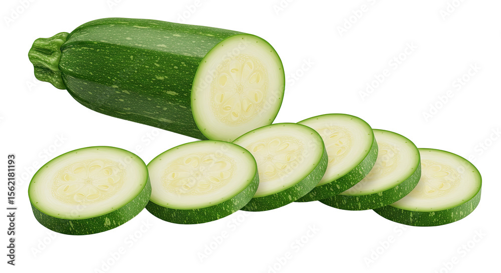 Poster fresh zucchini and several slices arranged on a black and green backdrop