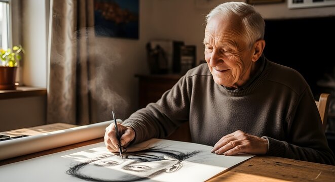 Serene Senior Artist Portrait Drawing with Charcoal in Natural Light Studio.