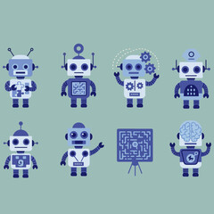 minimalist geometric flat vector design of mini logic teaching robots