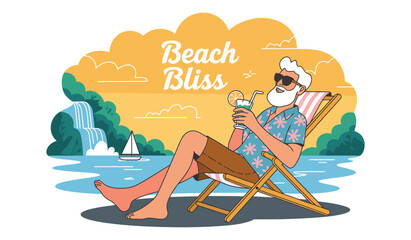 Elderly man relaxing on a beach chair with sunglasses and drink, enjoying a sunny seaside vacation with cliffs, ocean, and leisure vibes