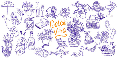 Whimsical hand drawn sketch set inspired by Mediterranean lifestyle. Includes food, drinks, flowers, summer decor and travel elements. Perfect for branding, packaging, prints, and stickers.