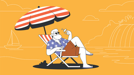 Elderly man relaxing on a beach chair with sunglasses and drink, enjoying a sunny seaside vacation with cliffs, ocean, and leisure vibes