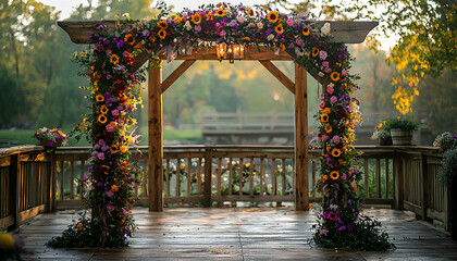 Flower Covered Wooden Arch on a Deck Overlooking a Pond