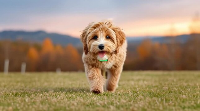 Pet emotion tracking with AI wearable device shown in dynamic scenes, a dog running in the park while the AI wearable blinks, pet emotion tracking with AI wearable device in realistic daily use