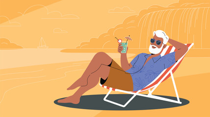 Elderly man relaxing on a beach chair with sunglasses and drink, enjoying a sunny seaside vacation with cliffs, ocean, and leisure vibes