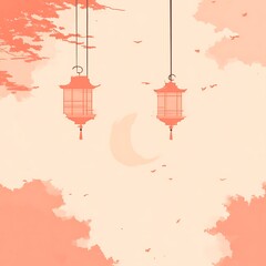 Pastel-toned sky with hanging lanterns and crescent moon.  Soft lighting and peaceful ambiance