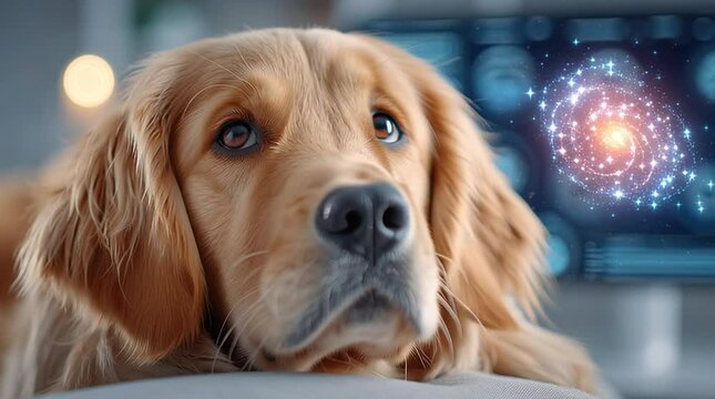 Pet emotion tracking with AI wearable device shown in dynamic scenes, dog during a thunderstorm showing stress, pet emotion tracking with AI wearable device in realistic daily use