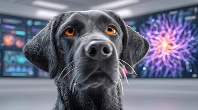 Pet emotion tracking with AI wearable device shown in dynamic scenes, dog during a thunderstorm showing stress, pet emotion tracking with AI wearable device in realistic daily use