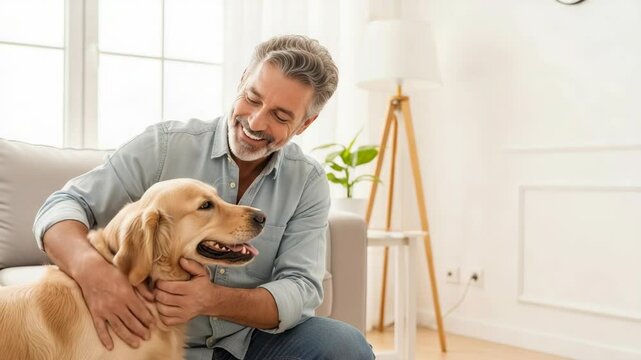 Happy Man Interacting with Golden Retriever in Cozy Living Room