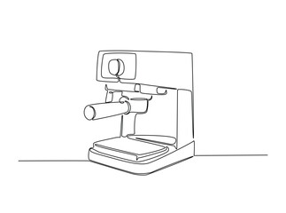 Modern coffee machine in single outline illustration. Continuous line art drawing of coffee machine for coffee shop.