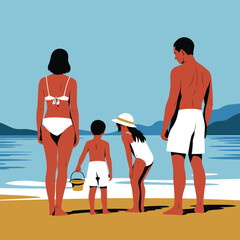 Family enjoying a sunny beach day with children playing in the sand and adults watching, with ocean waves and mountains in the background