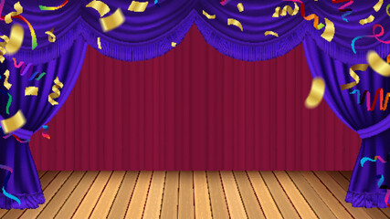 purple curtains are opening for the anniversary and product launch of valuable items. and celebration parties, birthdays, special occasions and confetti flying on white background, illustration