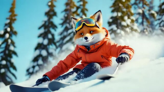 Skier fox with goggles zips down snowy slope; snow-dusted trees background, clear blue sky
