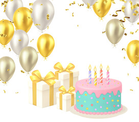 Anniversary and birthday celebration party illustration with shiny gold and silver balloons on white background with text and gift box
