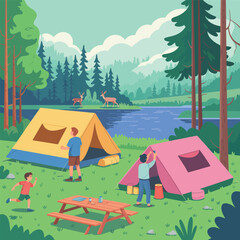 Forest camping scene with family near colorful tents, picnic table, lake, and two deer under partly cloudy sky and mountain backdrop