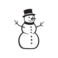 A cheerful snowman wearing a top hat and scarf depicted in a simple black silhouette style isolated on white background silhouette