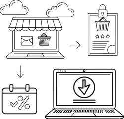 E-commerce Online Shopping and Download Process Line Icon Set Vector Illustration with Editable Stroke