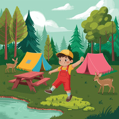 Colorful forest camping scene with child near a pond, deer, vibrant tents, and picnic table under partly cloudy sky in peaceful nature