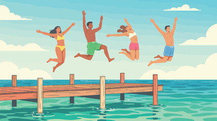 group of people joyfully jumping off a wooden dock into the sea against a blue sky, capturing carefree summer fun and seaside adventure