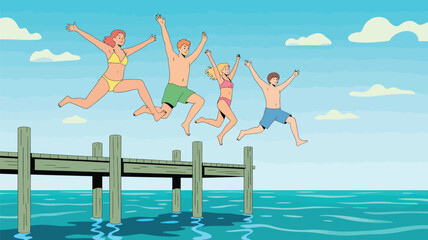 group of friends leaping joyfully off a wooden pier into the sea on a sunny day, celebrating youth, freedom, and shared summer adventure
