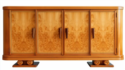 Elegant Art Deco wooden cabinet with unique light wood veneer and distinct handles