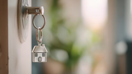The keys hanging from a door with a house-shaped keychain.