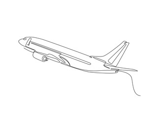 Aeroplane flying in single outline illustration. Continuous line art drawing of plane airbus.
