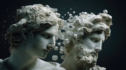 Classical marble busts transforming into digital geometric fragments technology art
