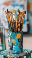 Vibrant artist's paintbrushes in colorful paint-splattered cup on studio stool