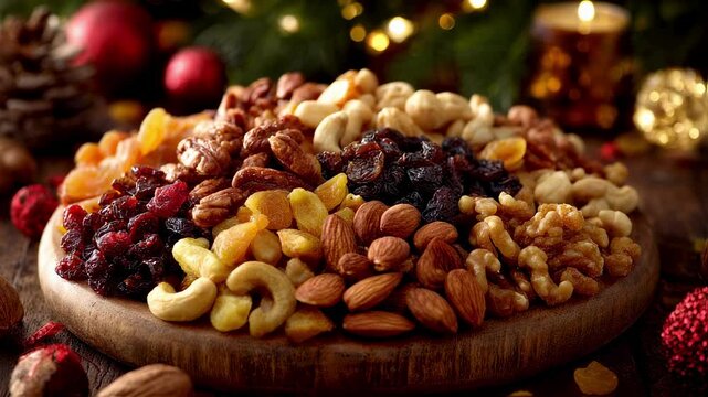 Overflowing mix of nuts and dried fruit on a wooden board, perfect for christmas. Enhanced by warm lighting and festive decorations, creating a holiday spirit