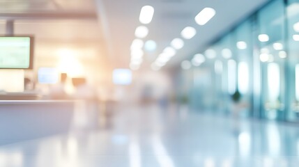 Blurry interior view of a modern office hallway.